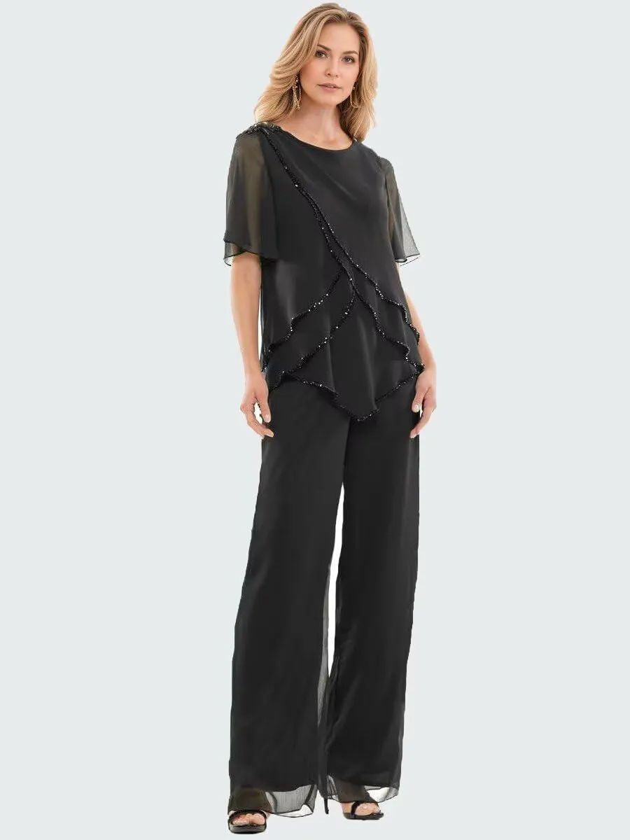 2 Pieces Mother of The Bride Pant Suits Chiffon Ruffle Layers Formal Sets Beaded Wedding Guest Outfits