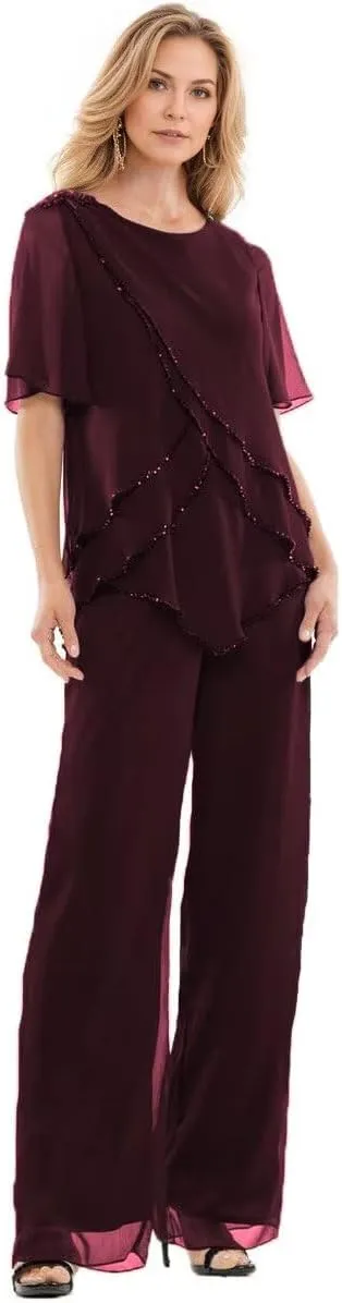 2 Pieces Mother of The Bride Pant Suits Chiffon Ruffle Layers Formal Sets Beaded Wedding Guest Outfits