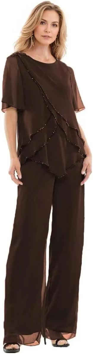 2 Pieces Mother of The Bride Pant Suits Chiffon Ruffle Layers Formal Sets Beaded Wedding Guest Outfits