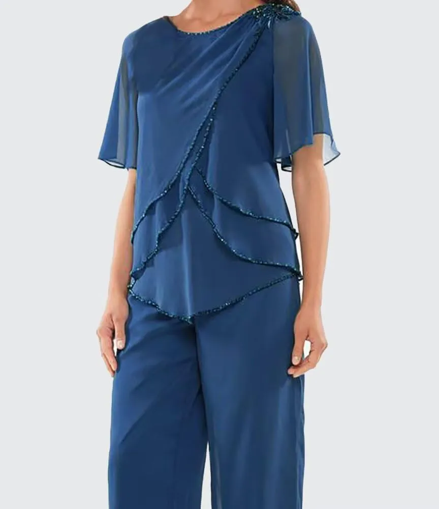 2 Pieces Mother of The Bride Pant Suits Chiffon Ruffle Layers Formal Sets Beaded Wedding Guest Outfits