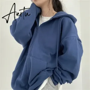 Aiertu Women Oversized Hoodies Autumn Casual Solid Zipper Sweatshirts Korean Version Loose Thin Long-sleeved Hooded Female Jacket Coat