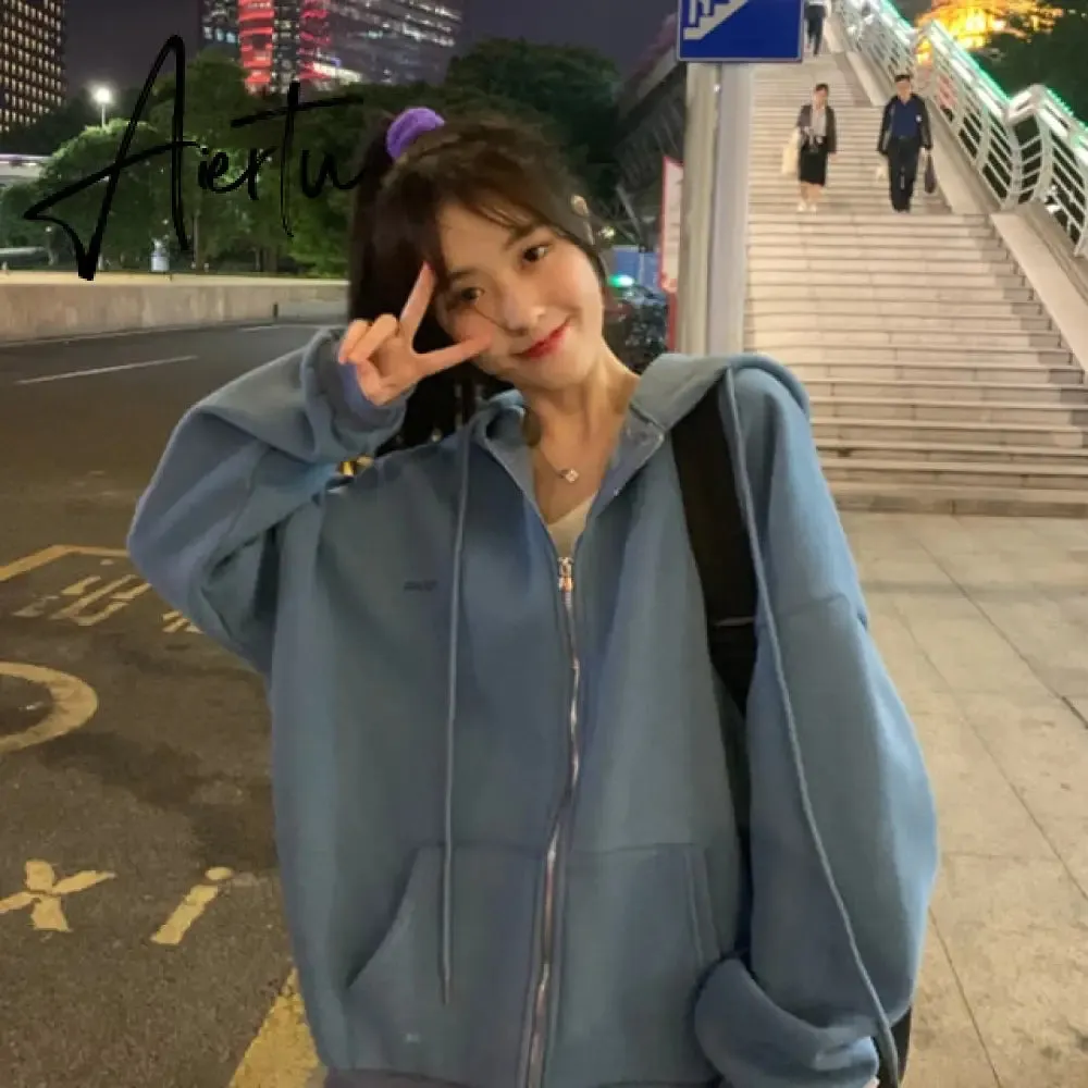 Aiertu Women Oversized Hoodies Autumn Casual Solid Zipper Sweatshirts Korean Version Loose Thin Long-sleeved Hooded Female Jacket Coat