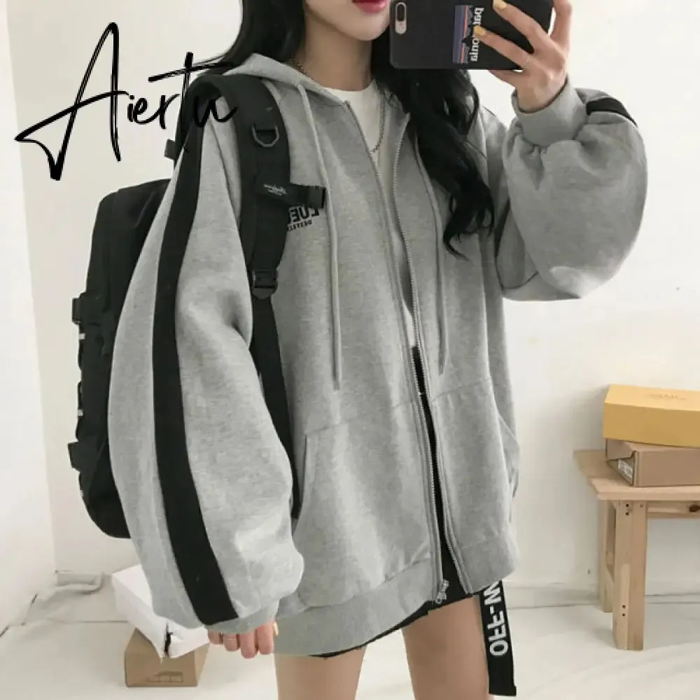 Aiertu Women Oversized Hoodies Autumn Casual Solid Zipper Sweatshirts Korean Version Loose Thin Long-sleeved Hooded Female Jacket Coat