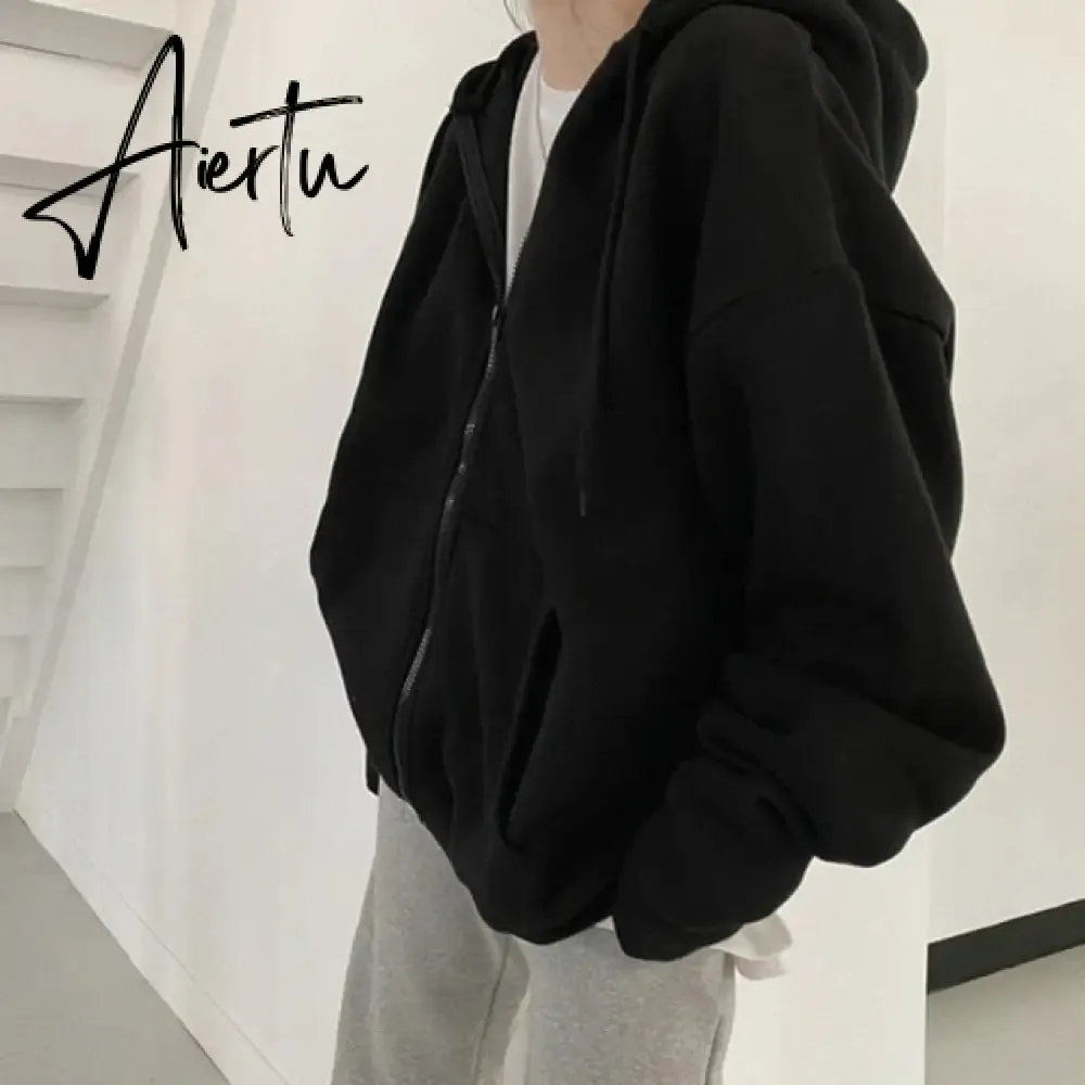 Aiertu Women Oversized Hoodies Autumn Casual Solid Zipper Sweatshirts Korean Version Loose Thin Long-sleeved Hooded Female Jacket Coat