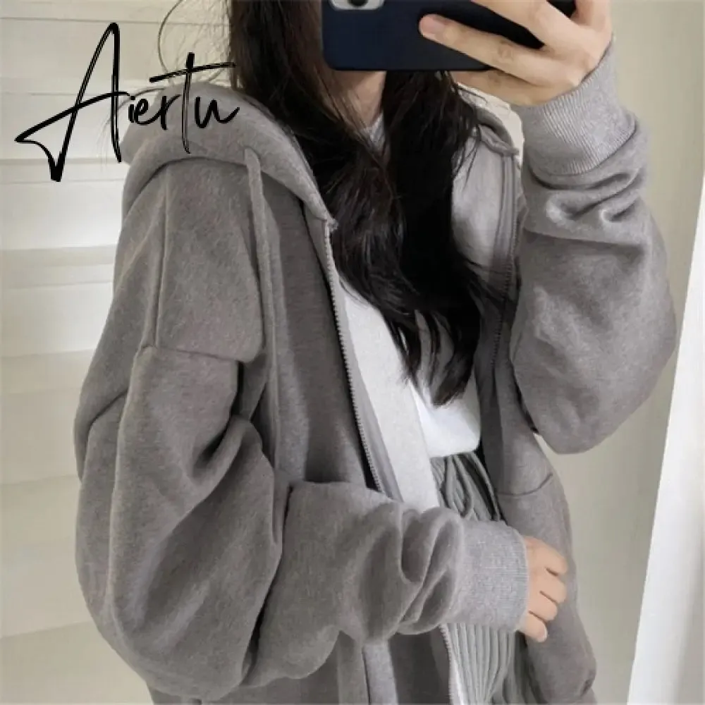 Aiertu Women Oversized Hoodies Autumn Casual Solid Zipper Sweatshirts Korean Version Loose Thin Long-sleeved Hooded Female Jacket Coat