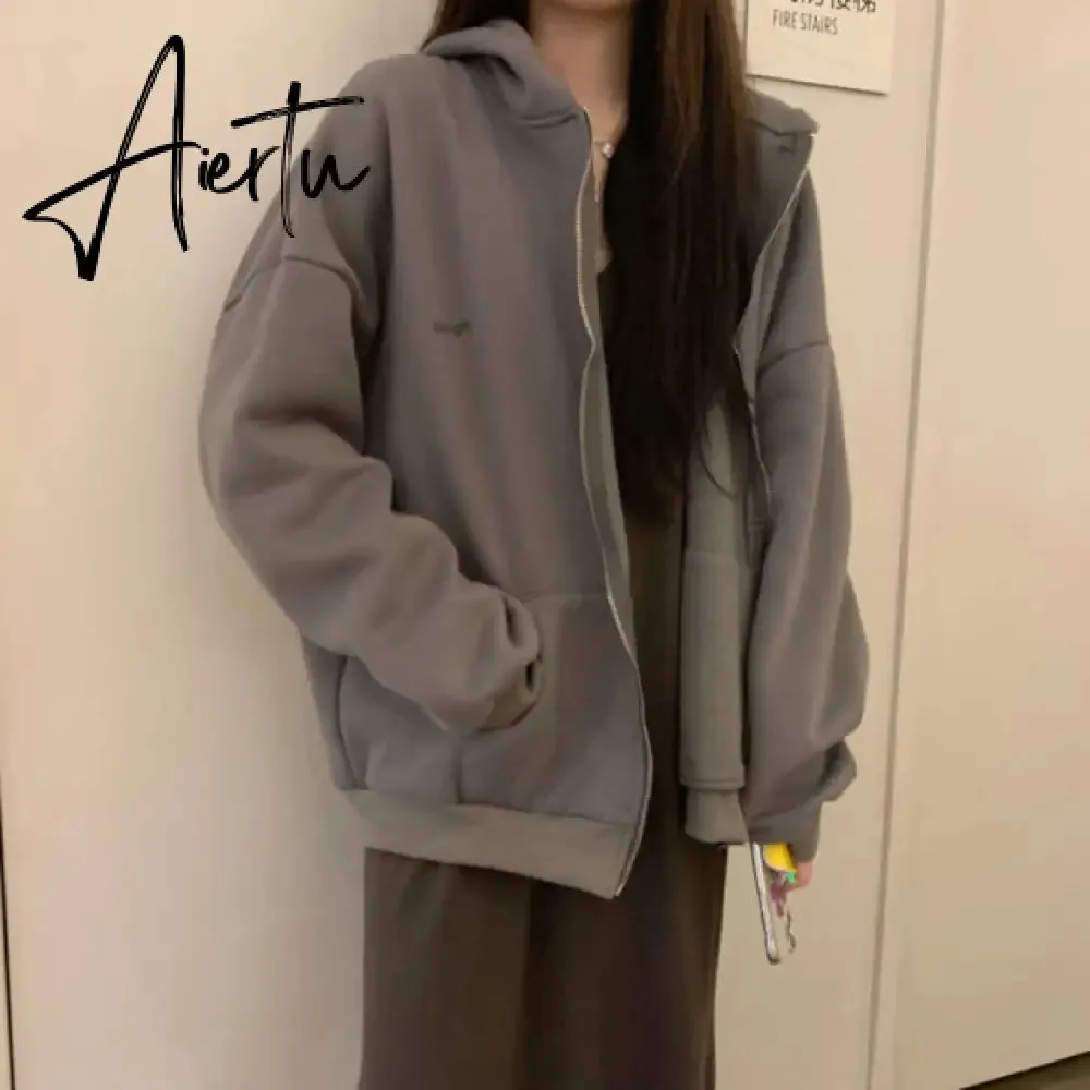 Aiertu Women Oversized Hoodies Autumn Casual Solid Zipper Sweatshirts Korean Version Loose Thin Long-sleeved Hooded Female Jacket Coat