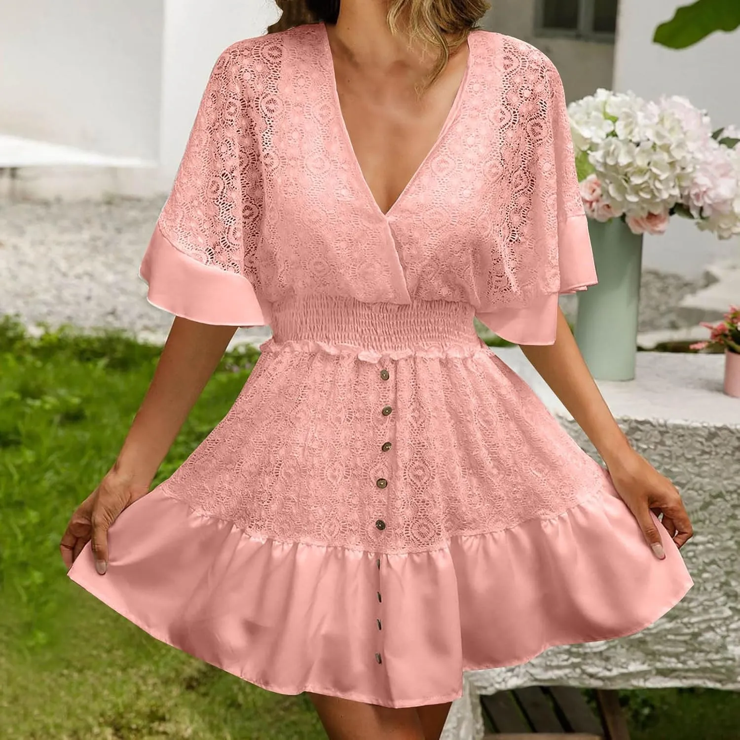 Akklian Women's Floral Lace Mini Dress White Bridesmaid Wedding Party Dresses V Neck Empire Waist Ruffle Hem Summer Dress
