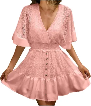 Akklian Women's Floral Lace Mini Dress White Bridesmaid Wedding Party Dresses V Neck Empire Waist Ruffle Hem Summer Dress