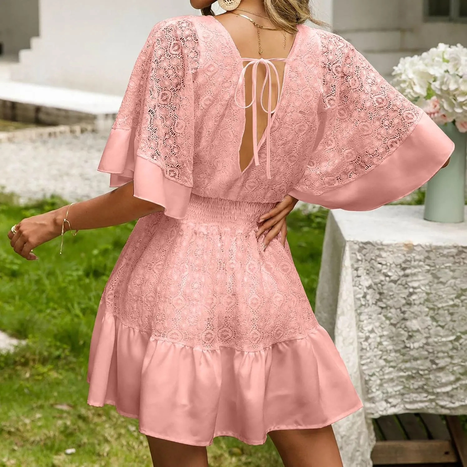 Akklian Women's Floral Lace Mini Dress White Bridesmaid Wedding Party Dresses V Neck Empire Waist Ruffle Hem Summer Dress