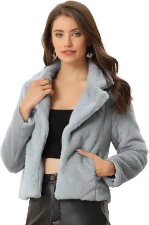 Allegra K Women's Cropped Faux Fur Jacket Lapel Cardigan Shrug 2024 Winter Fluffy Faux Fur Coat