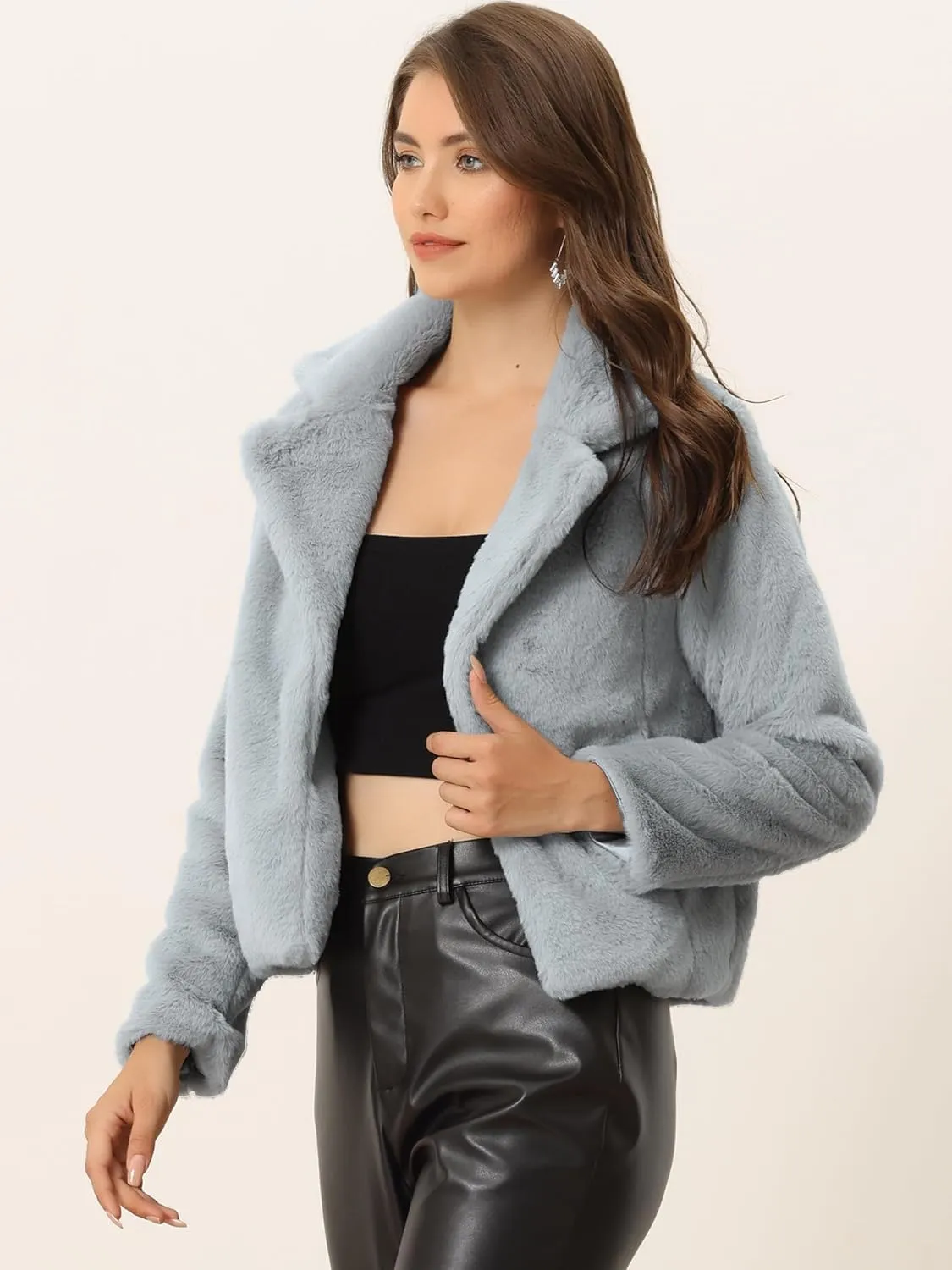 Allegra K Women's Cropped Faux Fur Jacket Lapel Cardigan Shrug 2024 Winter Fluffy Faux Fur Coat