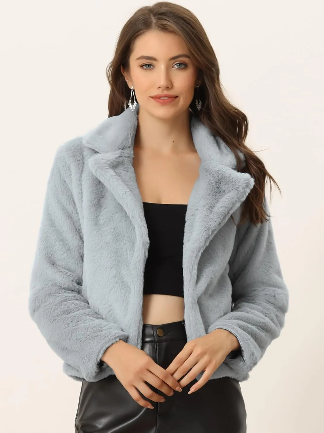 Allegra K Women's Cropped Faux Fur Jacket Lapel Cardigan Shrug 2024 Winter Fluffy Faux Fur Coat