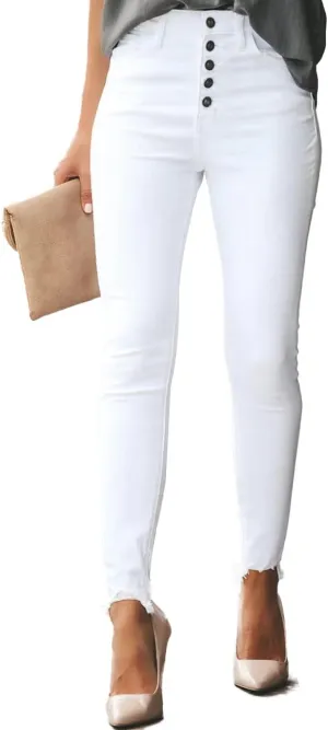 Allimy Women's High Rise Skinny Stretch Button Ripped Jeans High Waisted Destroyed Denim Pants