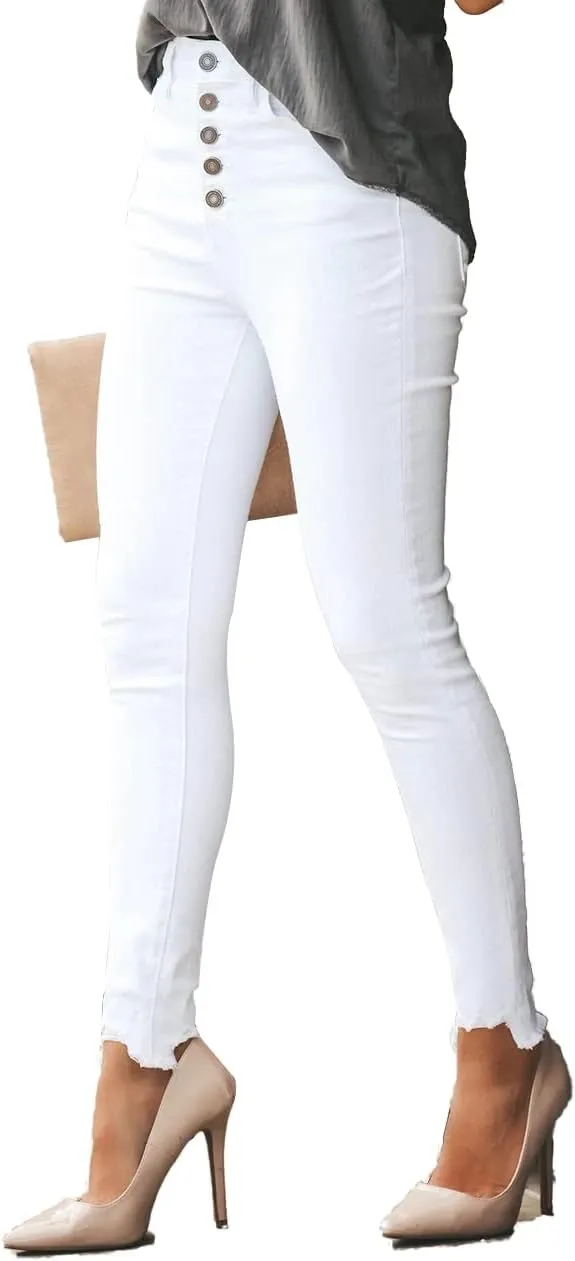 Allimy Women's High Rise Skinny Stretch Button Ripped Jeans High Waisted Destroyed Denim Pants