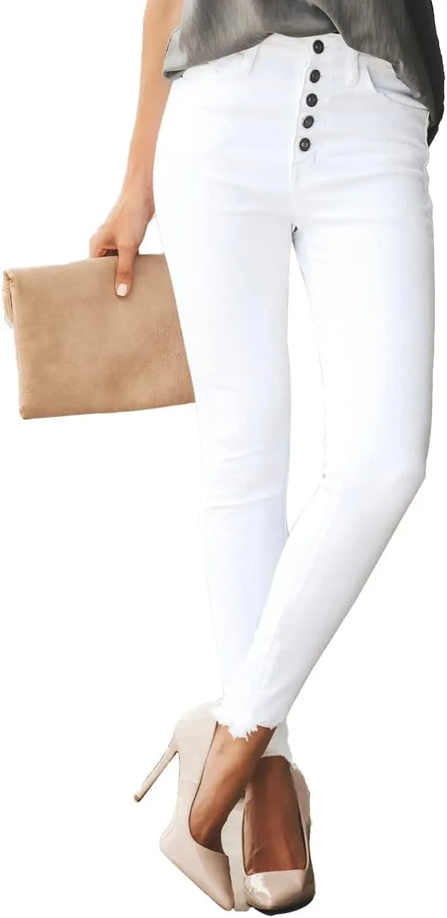 Allimy Women's High Rise Skinny Stretch Button Ripped Jeans High Waisted Destroyed Denim Pants