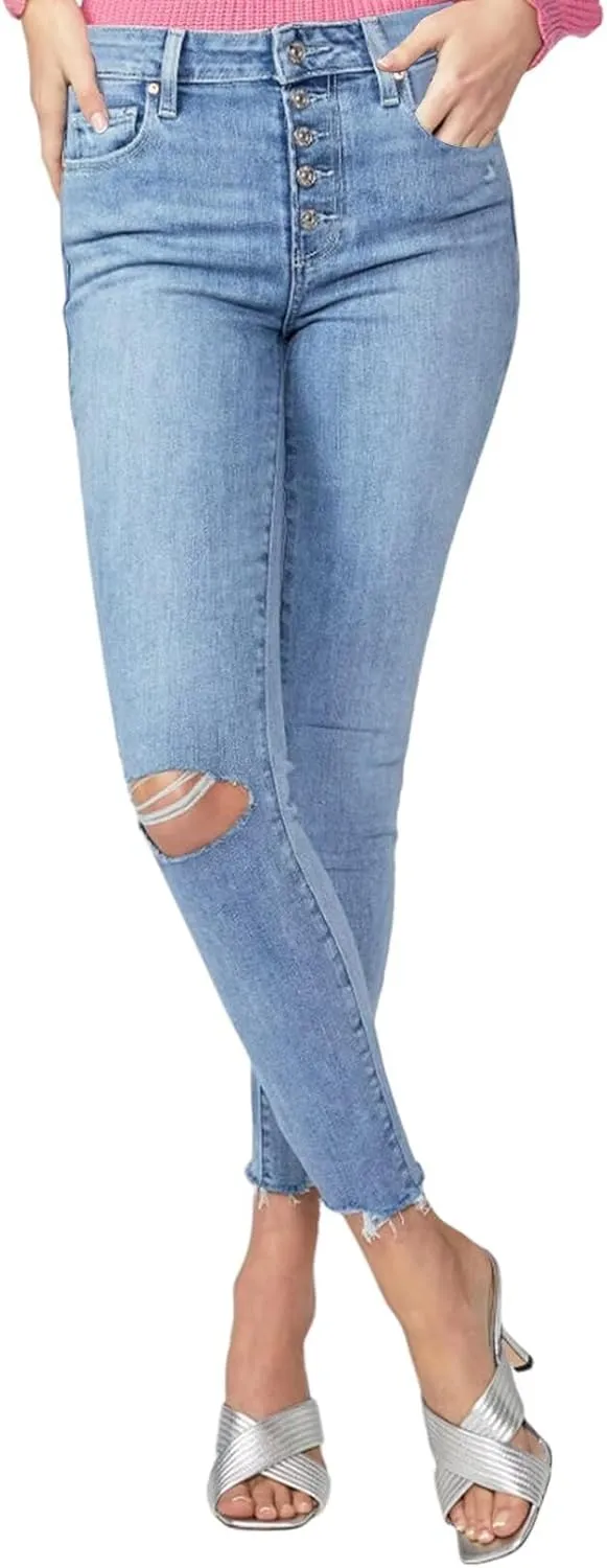 Allimy Women's High Rise Skinny Stretch Button Ripped Jeans High Waisted Destroyed Denim Pants