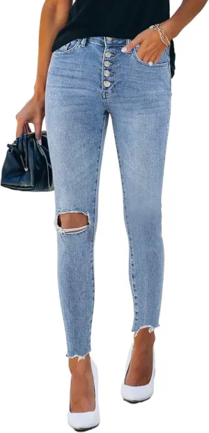 Allimy Women's High Rise Skinny Stretch Button Ripped Jeans High Waisted Destroyed Denim Pants