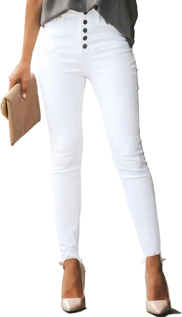 Allimy Women's High Rise Skinny Stretch Button Ripped Jeans High Waisted Destroyed Denim Pants
