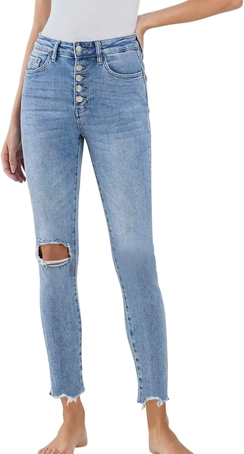 Allimy Women's High Rise Skinny Stretch Button Ripped Jeans High Waisted Destroyed Denim Pants