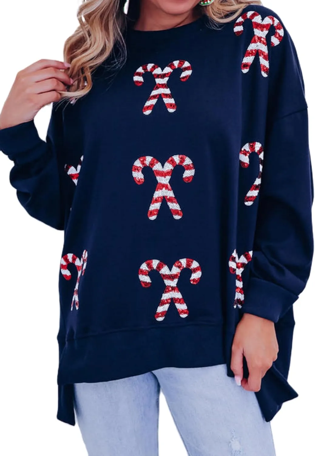 Aonoapll Women Cute Sequin Bow Sweatshirt Christmas Glitter Patch Crewneck Sweatshirts Sparkle Holiday Oversized Pullover