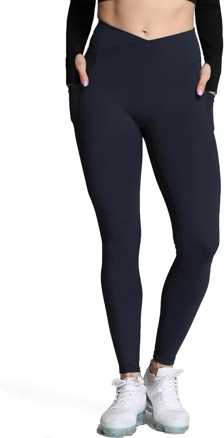 Aoxjox Trinity High Waisted Yoga Pants with Pockets for Women Tummy Control Cross-Waist Buttery Soft Workout Leggings 26"