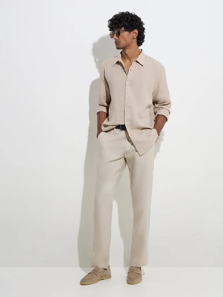 Ascot Beige Solid Relaxed-Fit Linen Shirt