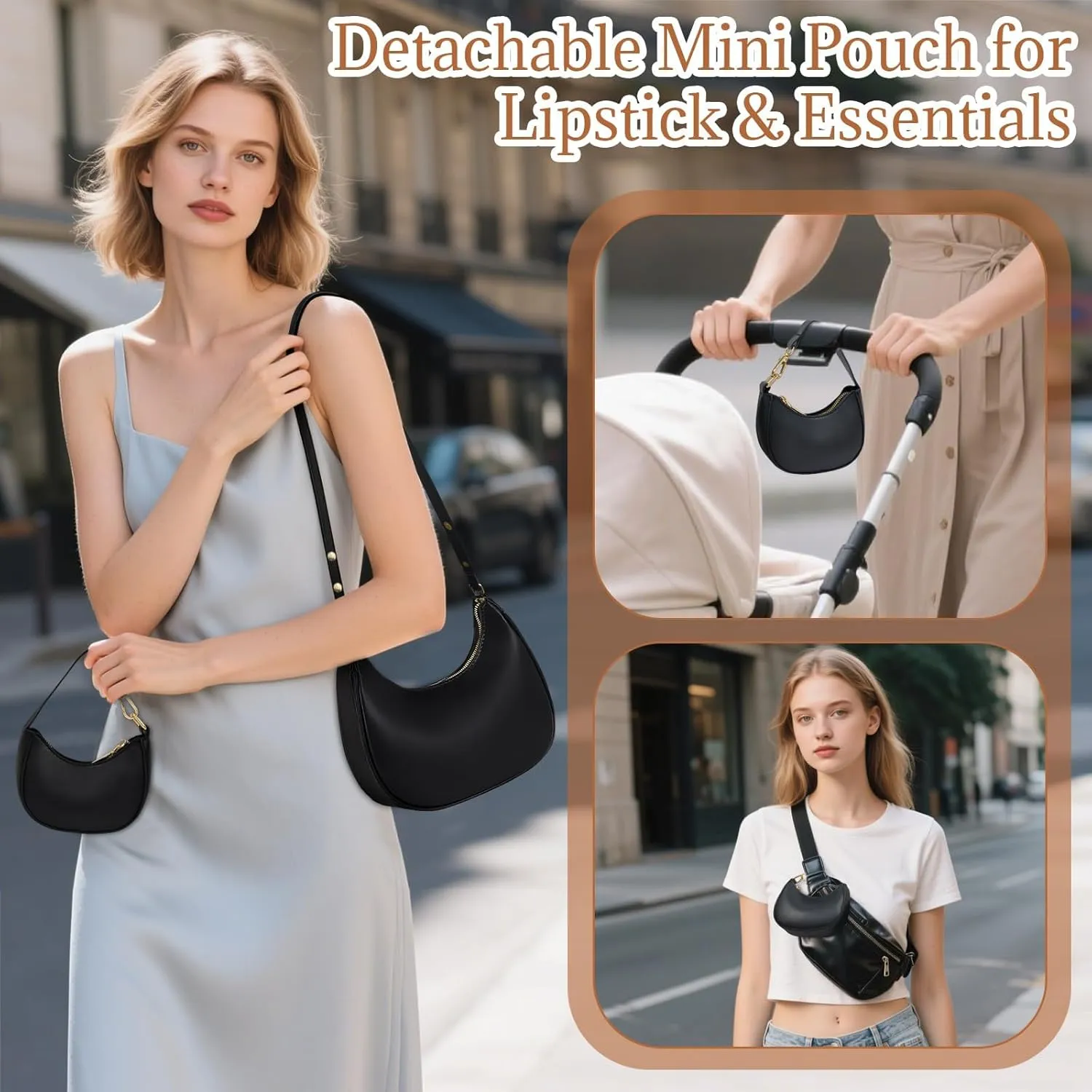 AUDTOPE Shoulder Bags for Women, Crescent Moon Handbag Cute Hobo Bag Faux Leather Mini Clutch Purse with Zipper Closure