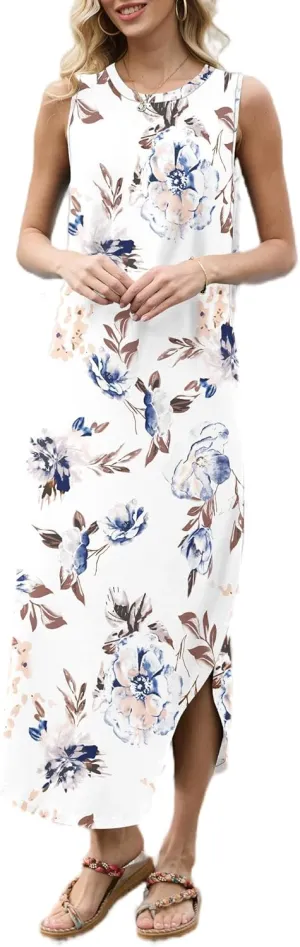 AUSELILY Women Summer Casual Sleeveless Maxi Dress with Loose Wrinkle Neck Split Design with Pockets Long Vest Dresses