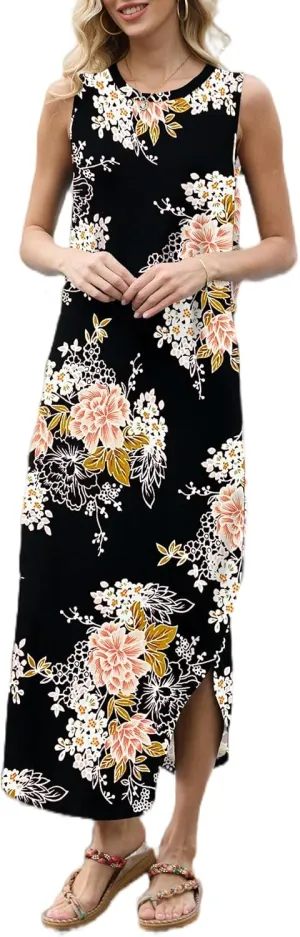 AUSELILY Women Summer Casual Sleeveless Maxi Dress with Loose Wrinkle Neck Split Design with Pockets Long Vest Dresses