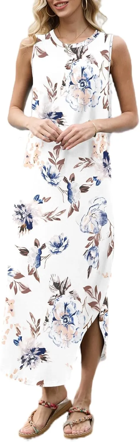 AUSELILY Women Summer Casual Sleeveless Maxi Dress with Loose Wrinkle Neck Split Design with Pockets Long Vest Dresses
