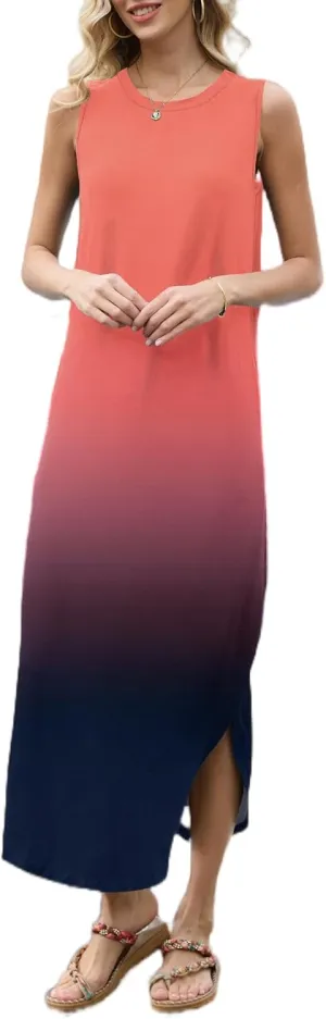 AUSELILY Women Summer Casual Sleeveless Maxi Dress with Loose Wrinkle Neck Split Design with Pockets Long Vest Dresses
