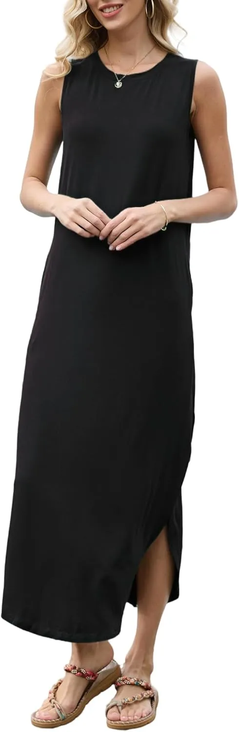 AUSELILY Women Summer Casual Sleeveless Maxi Dress with Loose Wrinkle Neck Split Design with Pockets Long Vest Dresses