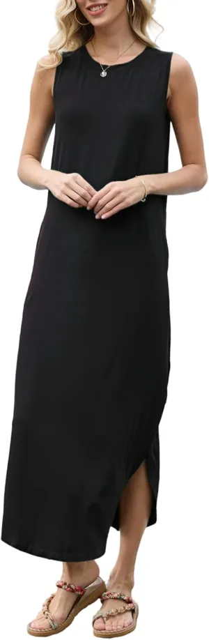 AUSELILY Women Summer Casual Sleeveless Maxi Dress with Loose Wrinkle Neck Split Design with Pockets Long Vest Dresses