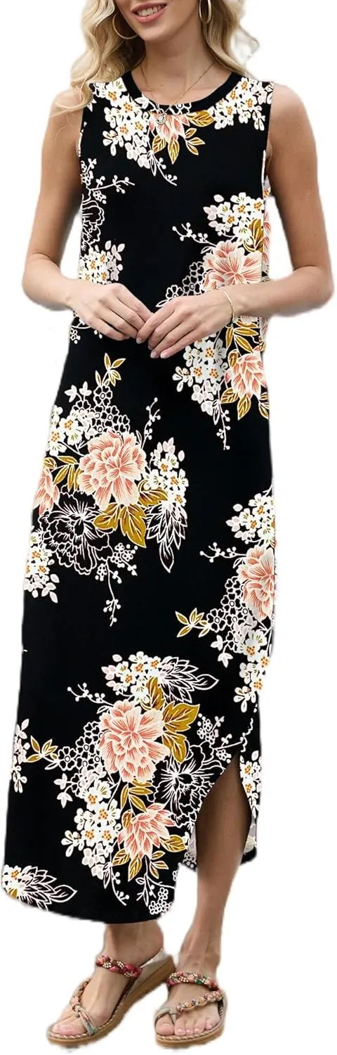 AUSELILY Women Summer Casual Sleeveless Maxi Dress with Loose Wrinkle Neck Split Design with Pockets Long Vest Dresses