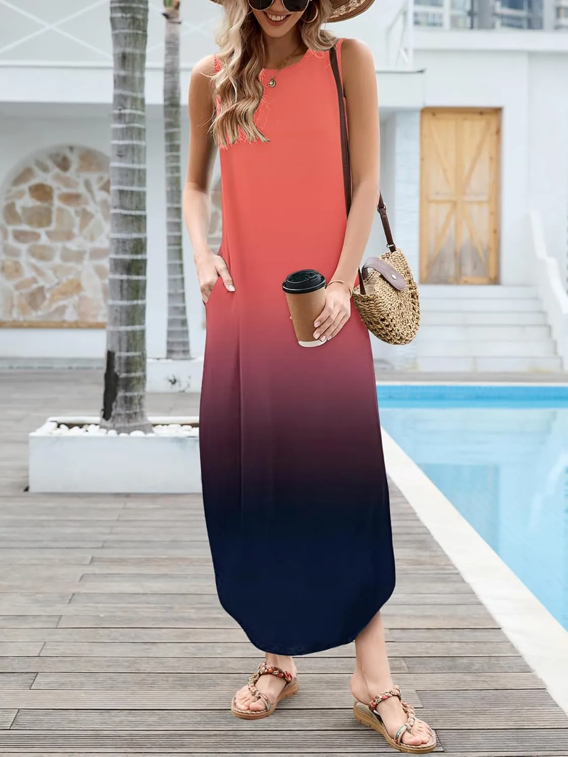 AUSELILY Women Summer Casual Sleeveless Maxi Dress with Loose Wrinkle Neck Split Design with Pockets Long Vest Dresses