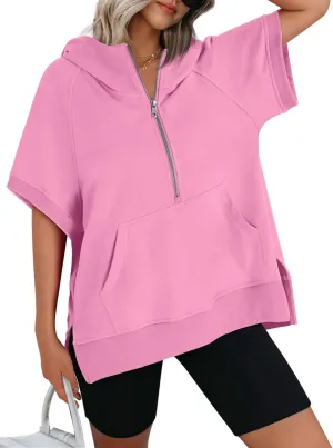 AUTOMET Oversized Hoodies for Women Short Sleeve Half zip Sweatshirt Fleece Loose Fit Pullover 2025 Fall Fashion Outfits