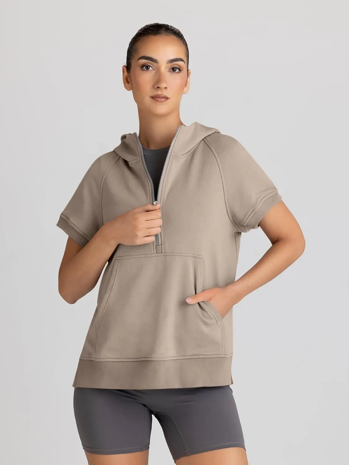 AUTOMET Oversized Hoodies for Women Short Sleeve Half zip Sweatshirt Fleece Loose Fit Pullover 2025 Fall Fashion Outfits