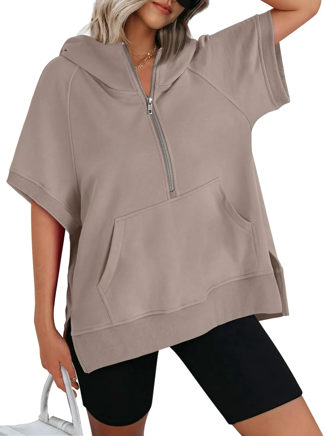 AUTOMET Oversized Hoodies for Women Short Sleeve Half zip Sweatshirt Fleece Loose Fit Pullover 2025 Fall Fashion Outfits