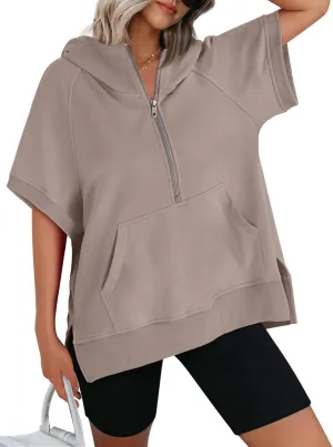 AUTOMET Oversized Hoodies for Women Short Sleeve Half zip Sweatshirt Fleece Loose Fit Pullover 2025 Fall Fashion Outfits