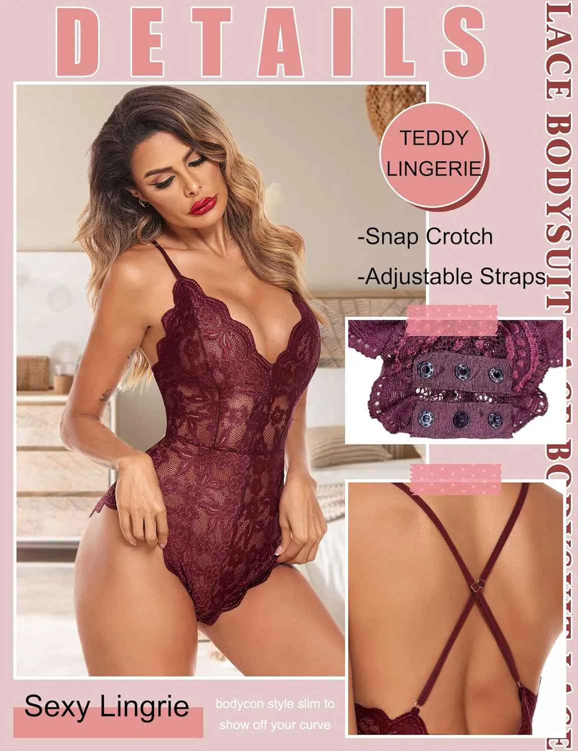Avidlove Women One Piece Lingerie Deep V Teddy Sexy Lace Bodysuit Snap Crotch Babydoll