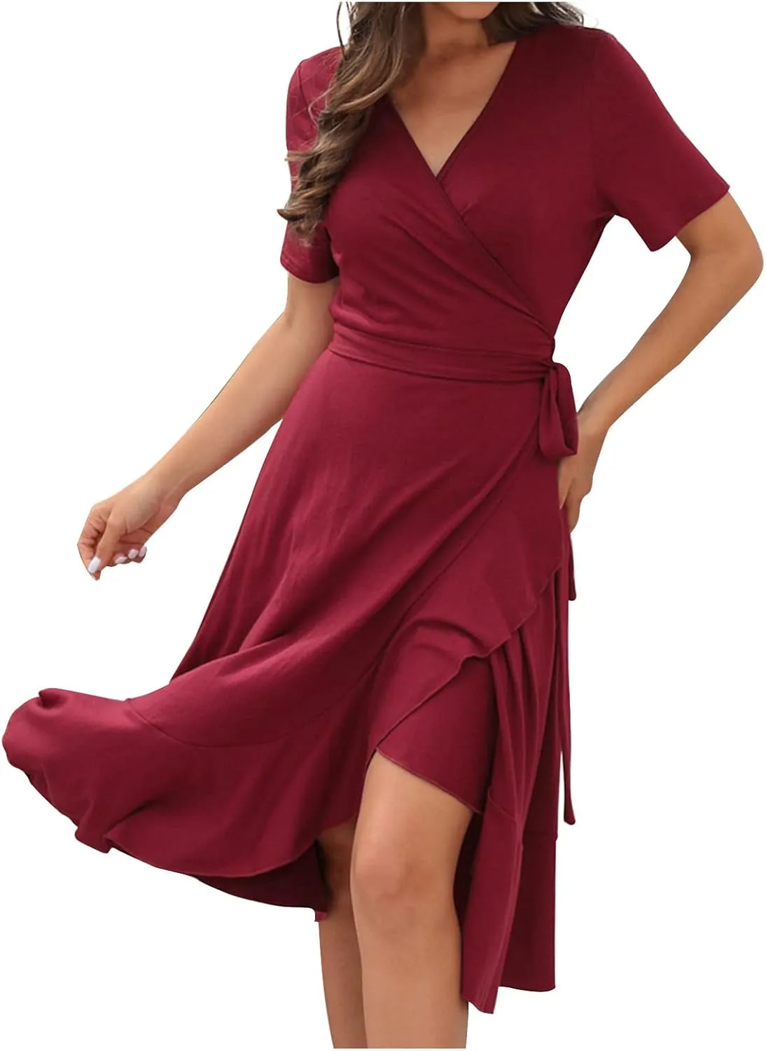 Aymnlox Summer Dresses for Women 2023 Trendy Short Sleeve Wrap V Neck Tie Waist Elegant Sexy Ruffle Solid Prom Midi Dress