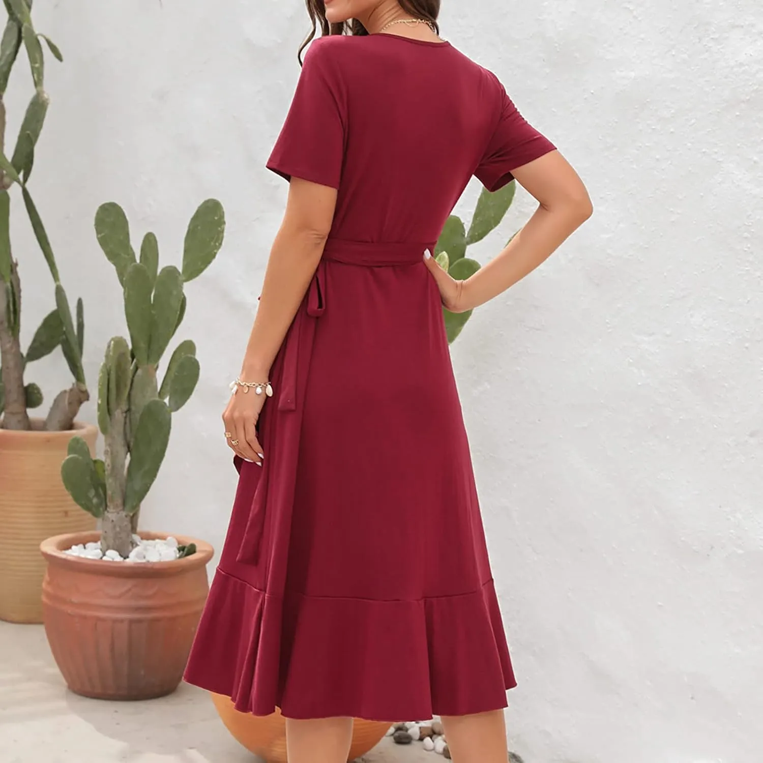 Aymnlox Summer Dresses for Women 2023 Trendy Short Sleeve Wrap V Neck Tie Waist Elegant Sexy Ruffle Solid Prom Midi Dress