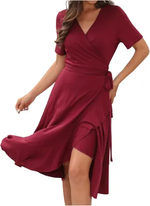 Aymnlox Summer Dresses for Women 2023 Trendy Short Sleeve Wrap V Neck Tie Waist Elegant Sexy Ruffle Solid Prom Midi Dress