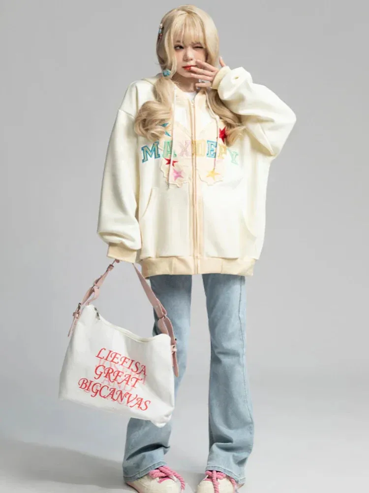 Back To School Joskaa Butterfly Spliced Embroidered Hoodies Women Casual Kawaii Cutecore Sweatshirt Hoodie Korean Loose Zip Up Clothes Y2k Top