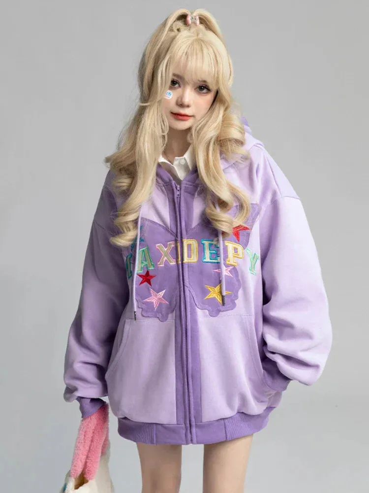 Back To School Joskaa Butterfly Spliced Embroidered Hoodies Women Casual Kawaii Cutecore Sweatshirt Hoodie Korean Loose Zip Up Clothes Y2k Top