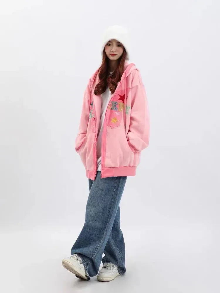Back To School Joskaa Butterfly Spliced Embroidered Hoodies Women Casual Kawaii Cutecore Sweatshirt Hoodie Korean Loose Zip Up Clothes Y2k Top