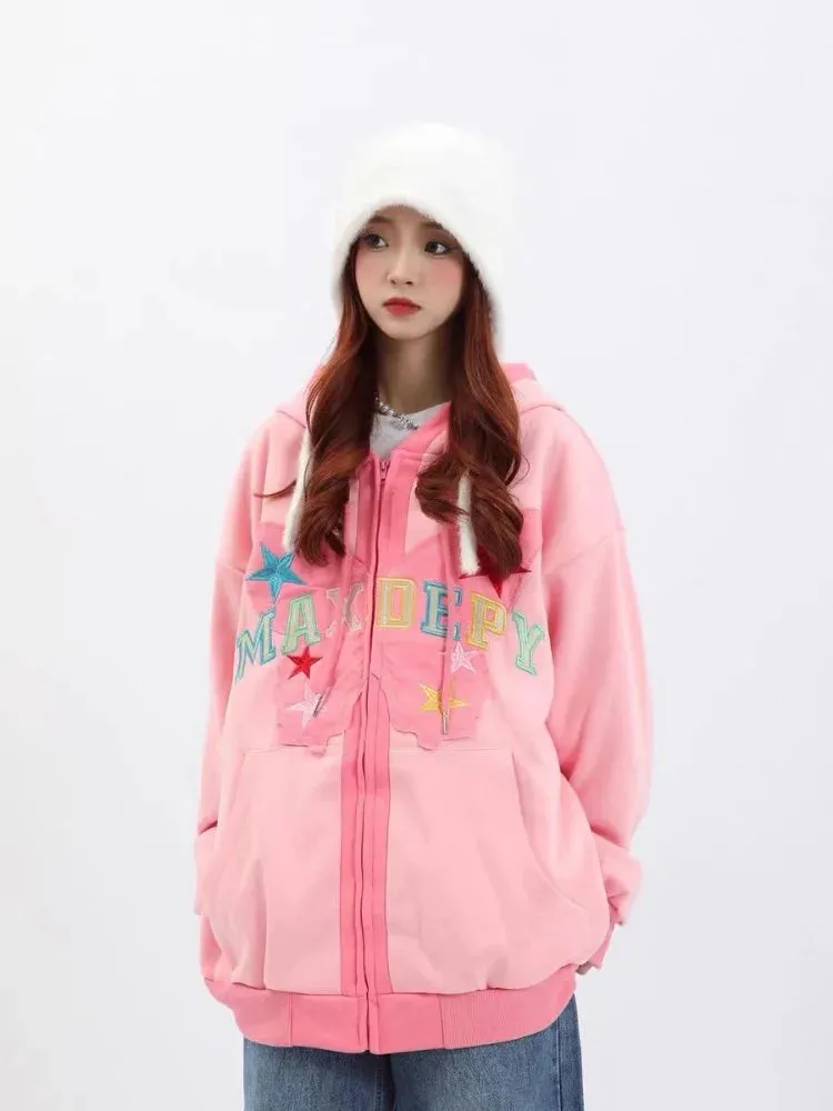 Back To School Joskaa Butterfly Spliced Embroidered Hoodies Women Casual Kawaii Cutecore Sweatshirt Hoodie Korean Loose Zip Up Clothes Y2k Top