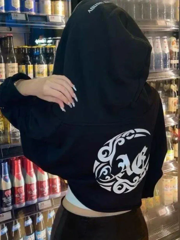 Back To School Joskaa Goth Print Hoodies Women Retro Harajuku Hip Hop Jacket High Street Zip Up Hoodie Casual Sweatshirt Clothes Y2K Crop Tops