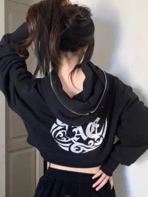 Back To School Joskaa Goth Print Hoodies Women Retro Harajuku Hip Hop Jacket High Street Zip Up Hoodie Casual Sweatshirt Clothes Y2K Crop Tops