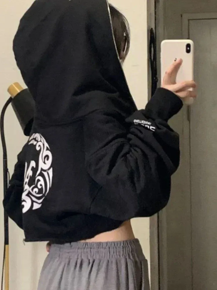 Back To School Joskaa Goth Print Hoodies Women Retro Harajuku Hip Hop Jacket High Street Zip Up Hoodie Casual Sweatshirt Clothes Y2K Crop Tops